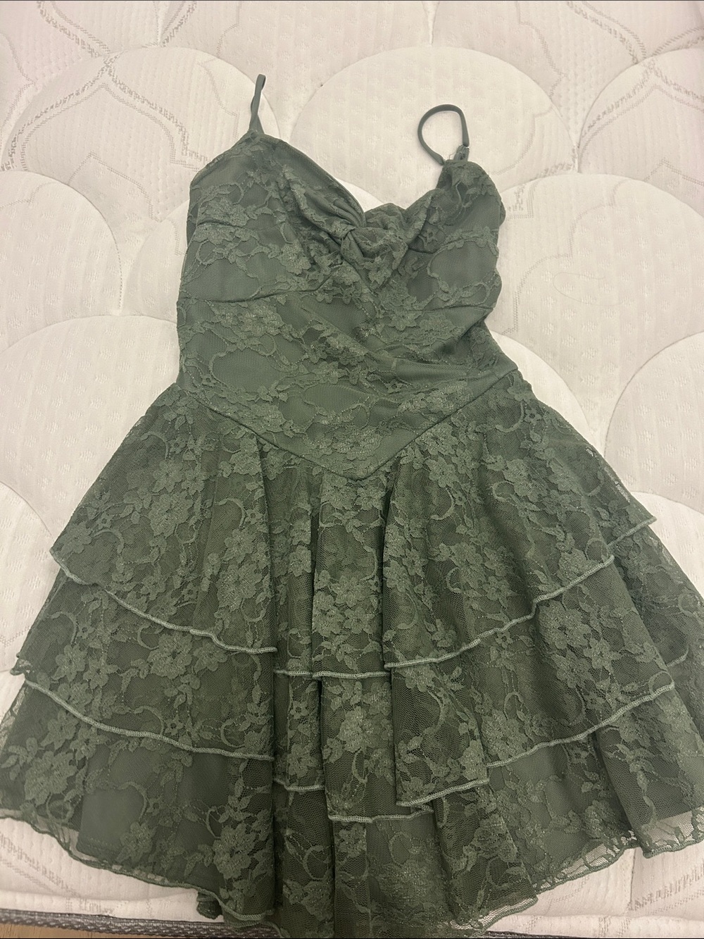 Windsor Olive Green Lace Tiered Mini Dress